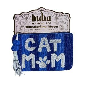 Viral Beaded Cat Mom Blue Travel Pouch Zip Tassel Handmade India Wandering Moon